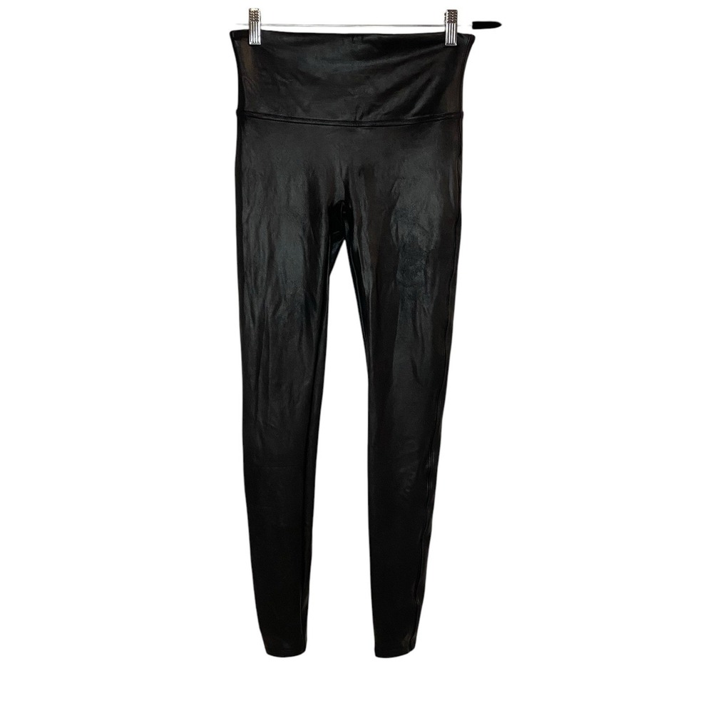 Spanx Faux Leather Leggings Womens Size Large Black Liquid Metallic Shimmer